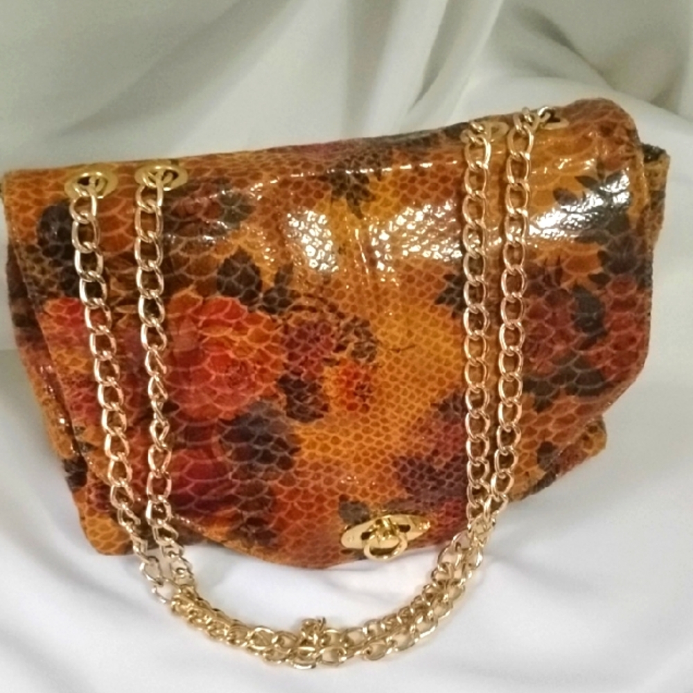 Luciana Verde Snake Print Floral Shoulder Bag with Gold Chain